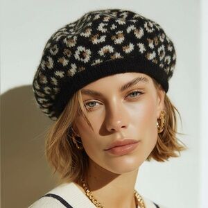 Women’s Stylish Black Brown Rabbit Fur Wool rhinestone Beret NWT